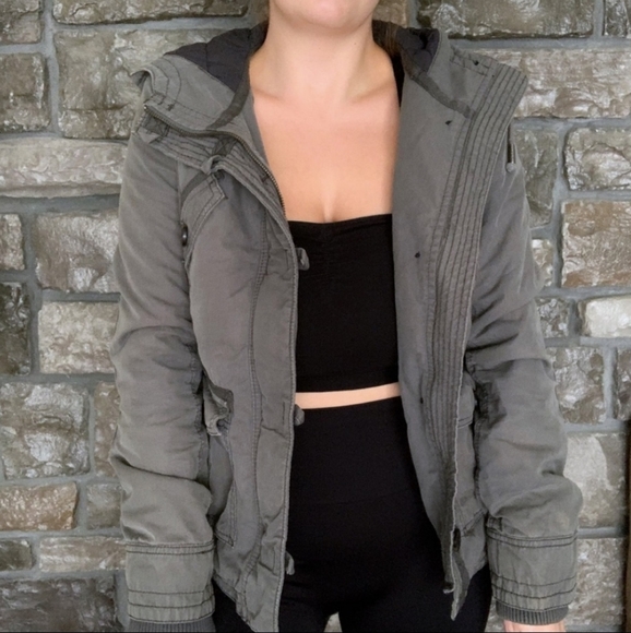 TNA Grey Green Hooded Zip Up Platoon Jacket With Buttons & Cinch Waist Sz Small - Picture 1 of 8